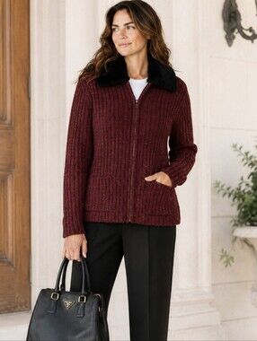 Vtg Burgundy Marled Ribbed Zip-Up Sweater Wool Blend Black Faux Fur Collar Sz S